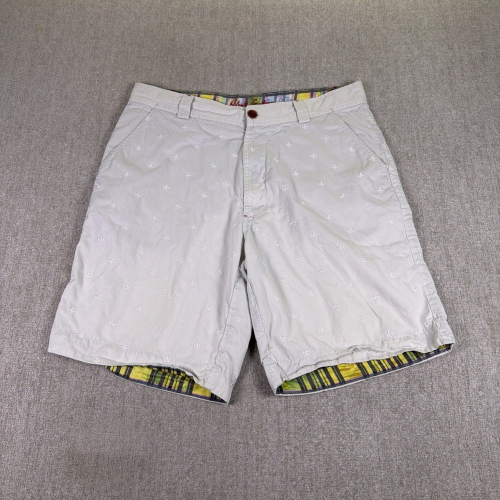 Robert Graham Shorts Mens 34 Khaki Embroidered Fleur-de-Lis Chino Flat Front